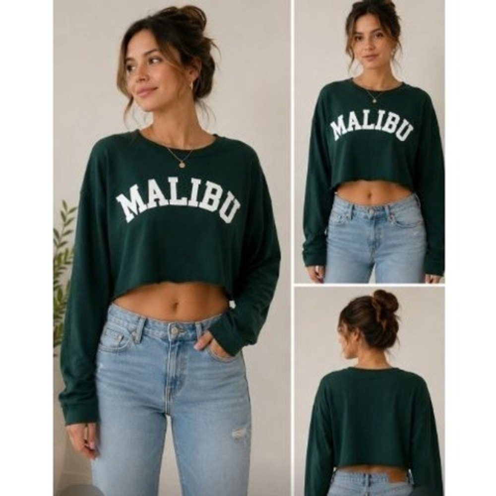 Malibu Graphic Long Sleeve Shirt XL Green Cropped Raw Hem Beachy Coastal Indie